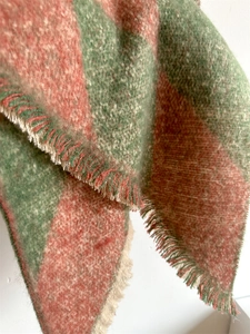 Detailed view of the thick knit checkerboard scarf showing fringe edges and soft texture