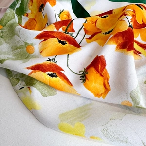 90cm silk twill scarf with vibrant yellow and orange poppy floral print on cream fabric