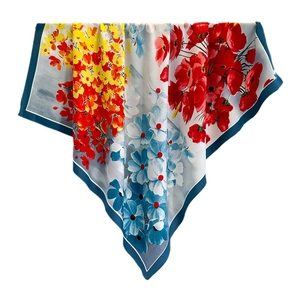 90cm silk scarf featuring realistic floral patterns and navy blue border