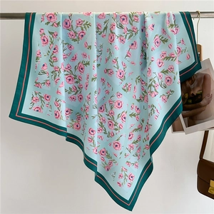 90cm square silk scarf with light blue base and pink poppy floral print and green border