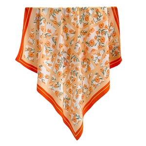 90cm silk square scarf with orange floral prints and geometric mesh patterns