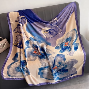 Elegant 110cm floral printed silk scarf with blue and orange blossoms on cream background