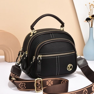 Women Fashion PU Leather Crossbody Bag Triple Zipper Lychee Texture Wide Woven Shoulder Strap Gold Metal Logo Shoulder Bag