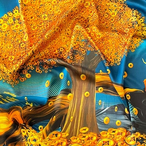 Elegant money tree twill silk scarf with golden coins pattern on deep blue silk background