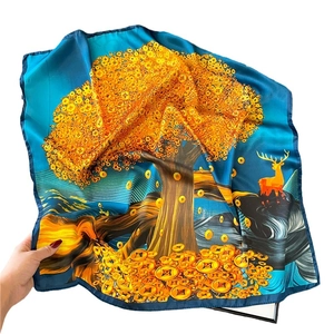 Navy blue square silk scarf featuring a golden money tree and elk design for women