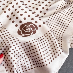 Polka dot silk scarf with camellia print, elegant beige satin neckerchief for women