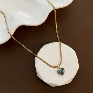 Heart Pendant Necklace Gold Plated Titanium Steel With Abalone Shell Inlay Dainty Snake Chain Jewelry For Women