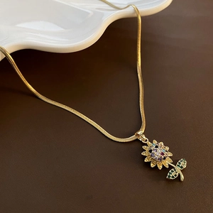 Collana Pendente Girasole Acciaio Al Titanio Rame Zircone Colorato Placcato Oro Catena Serpente Gioielli Moda Donna