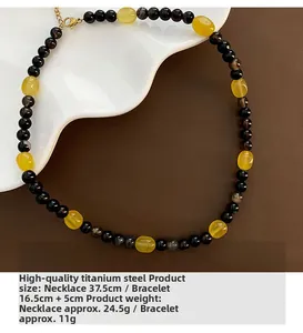 Detailed size and weight view of black and yellow beaded titanium steel necklace
