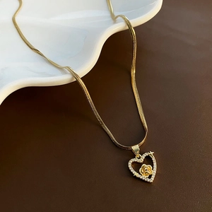 Gold Titanium Steel Flat Snake Chain Heart Rose Flower Pendant Necklace Zirconia Inlaid Vintage Elegant Jewelry For Women