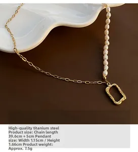 Macro detail of natural pearl and gold titanium steel necklace with hollow pendant
