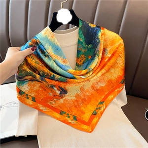 Foulard Carré Pour Femmes En Faux Satin Impressionniste Peinture À L Huile Imprimé Artistique Satin Écharpe De Cou Élégante