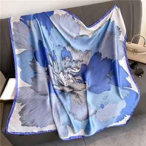 Grand Foulard Carré Imprimé Fleuri Polyester Imitation Satin Châle Élégant Écharpe Tête Pour Femmes