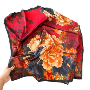 Red 70cm twill silk scarf with elegant peony and pine pattern for women fashion