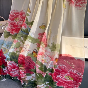 Luxurious peony and butterfly print chiffon shawl for women in a large square format