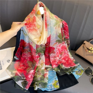 Women Elegant Peony Floral Print Scarf Large Lightweight Sun Protection Shawl Polyester Wrap
