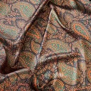 Elegant 70cm paisley pattern twill silk scarf with vibrant orange and green floral designs