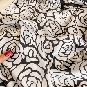 Elegant rose floral print shawl in lightweight black and white satin fabric