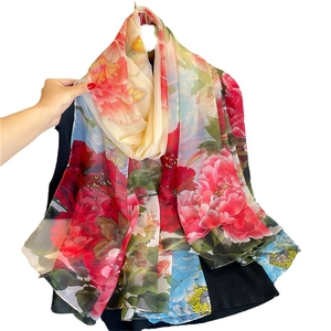 Large soft peony floral scarf with red blossoms and yellow butterflies in sheer silk