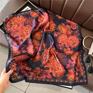 Floral Peony Print Twill Polyester Scarf Elegant Vintage Satin Finish Square Headscarf For Women