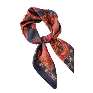 70cm navy blue twill silk scarf with red peony floral patterns and golden borders