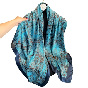 Elegant 110cm blue paisley silk scarf with vintage pattern and dark blue borders