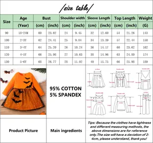 Größentabelle für Halloween-Mädchenkleid mit Fledermausdruck und Maßen in cm/Zoll