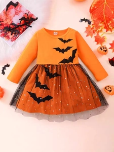 Mädchen Halloween Fledermaus Kleid Langarm Baumwolle Netz Stern Mond Pailletten Prinzessin Kostüm