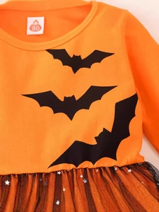 Halloween Mädchen Langarm Tüllkleid mit orangefarbenem Fledermausprint und Glitzersternen