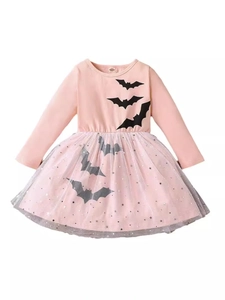 Rosa Halloween Mädchenkleid mit Fledermausdruck und grauem Glitzer-Tüllrock