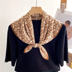 Elegant floral silk scarf for women in brown and white pattern, perfect for spring fashion