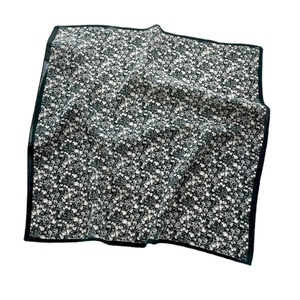 Floral print green square silk scarf with vintage fruit pattern and delicate rolled edges