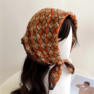 Foulard Carré À Imprimé Floral Géométrique Rétro En Satin Aspect Satin Bandana Cheveux Mode Pour Femmes