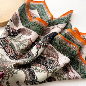 Elegant lightweight silk scarf with luxury vintage patterns and orange rolled edges