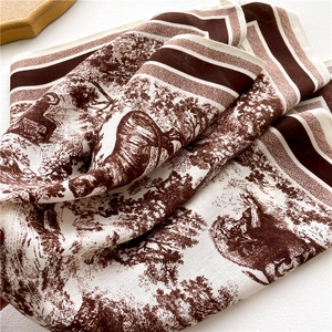 French vintage Toile de Jouy patterned scarf in brown and beige with striped edges