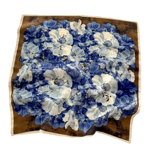 Floral square scarf with blue and white flowers and birds pattern on dark brown silk