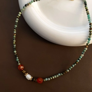 Collier Künstliche Perles Fait Main Avec Pierre Naturelle Agate Rouge Et Künstliche Perle Baroque Pour Femmes Bijoux Bohème En Acier Inoxydable