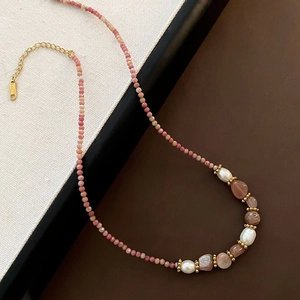 Collier En Künstliche Perles Naturelles Et Cristal Fraise Acier Titane Entretoises Dorées Chaîne De Clavicule Bohème Réglable Bijou