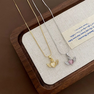 Minimalist heart angel wing necklaces in gold and silver finish with cat eye stone