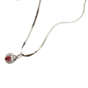 Silver snake chain necklace featuring a luxury heart-shaped red zircon pendant with halo diamonds