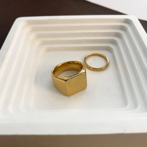 Minimalist Signet Ring And Thin Band Titanium Steel Geometric Square Plain Polished Fashion Jewelry Unisex