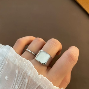 Silver geometric titanium ring set with white enamel inlay for men and women