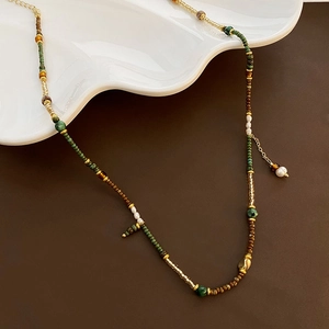 Retro Beaded Necklace Titanium Steel With Artificial Pearls Colorful Asymmetric Bohemian Style Jewelry For Women