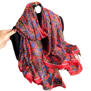 Red silk scarf for women featuring vintage floral patterns and white edges