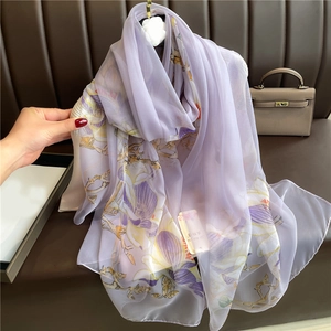 Elegant lavender silk scarf with magnolia floral pattern for women's fashion shawl