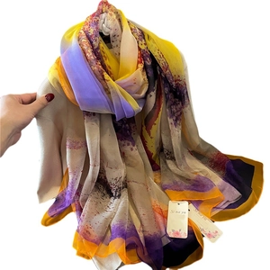 Abstract print silk satin scarf shawl with vibrant artistic color block design