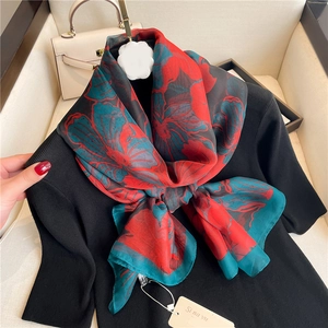 Women Large Floral Print Satin Long Scarf Elegant Lightweight Sun Protection Shawl Polyester Wrap For Travel Daily Wear