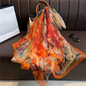 Large Floral Print Shawl Scarf Women Satin Feeling Polyester Sun Protection Translucent Elegant Lightweight Long Wrap