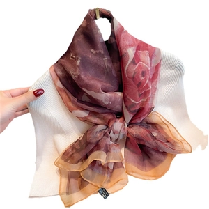 Floral print silk feel shawl with large gradient roses for women's sun protection