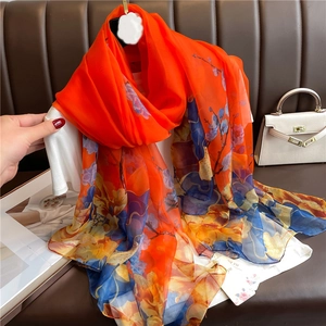 Floral print orange silk shawl for women, lightweight sunscreen oversized summer scarf